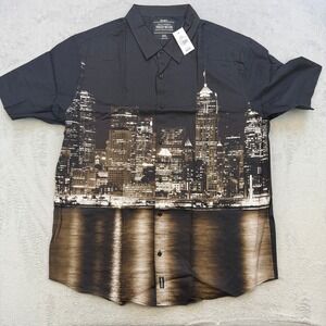 Parish Nation Button Down Shirt Mens 2XL Black Cityscape Skyline Graphic Print